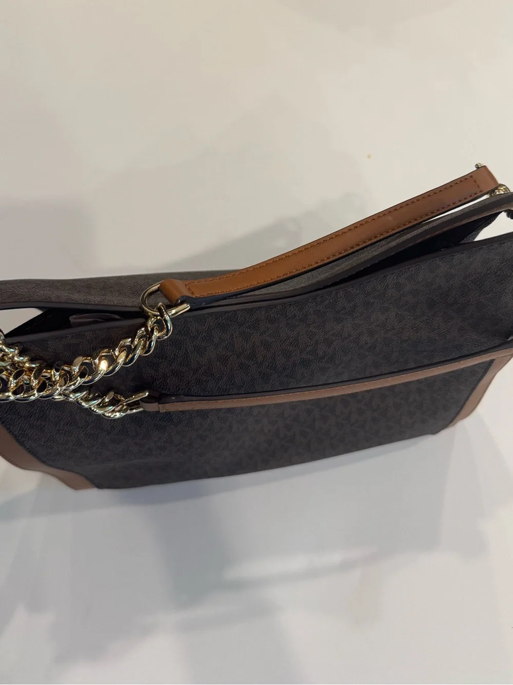 Michael Kors Logo Shoulder Tote with Tan Trim and Gold Chain